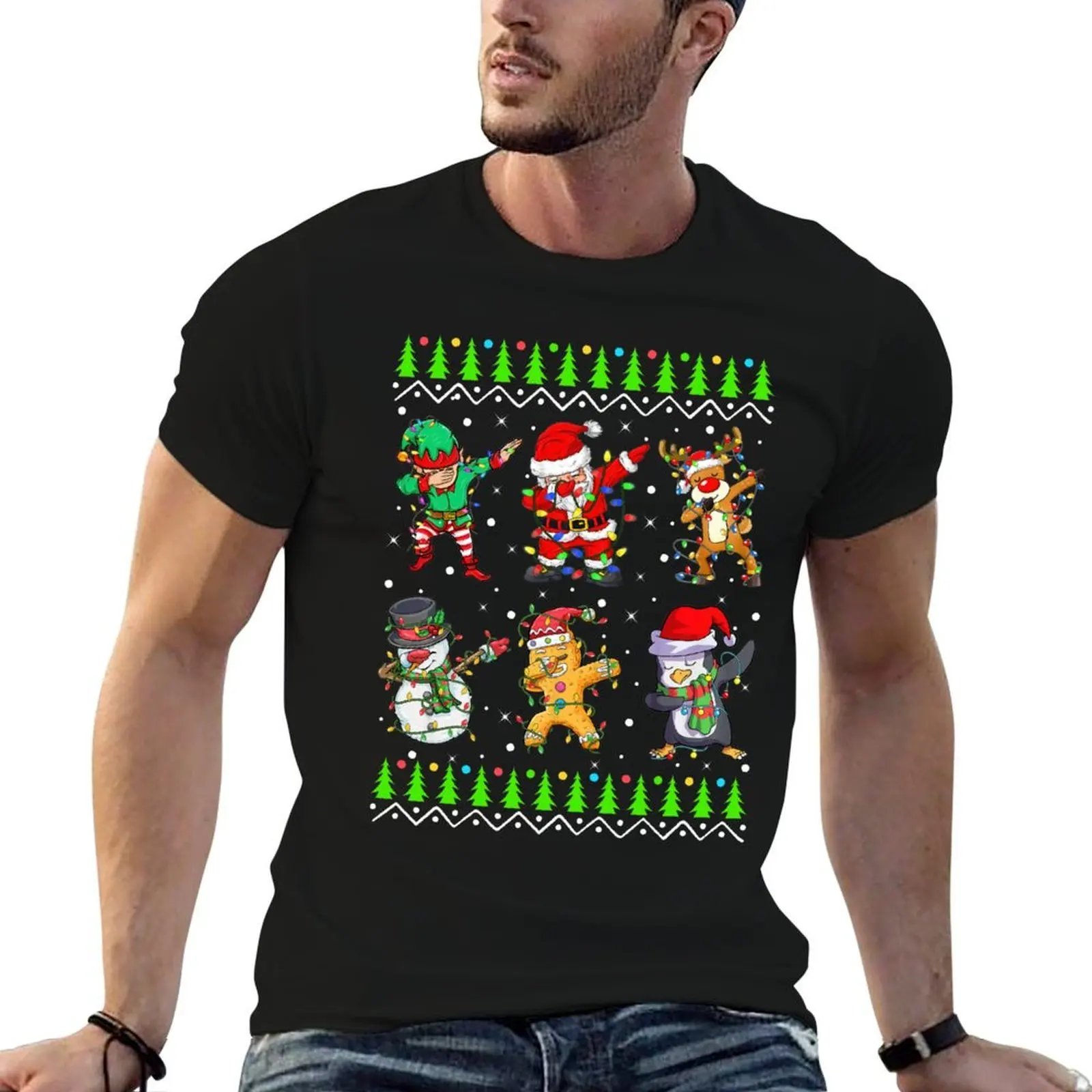 Dabbing Dab Santa Elf Penguin Friends Christmas Lights Ugly Sweater T-Shirt