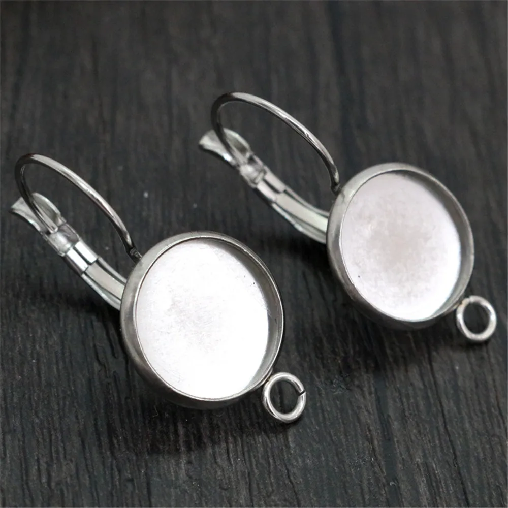 ( No Fade ) 12mm 10pcs Stainless Steel one Loop French Lever Back Earrings Blank/Base,Fit 12mm Glass Cabochons,Buttons
