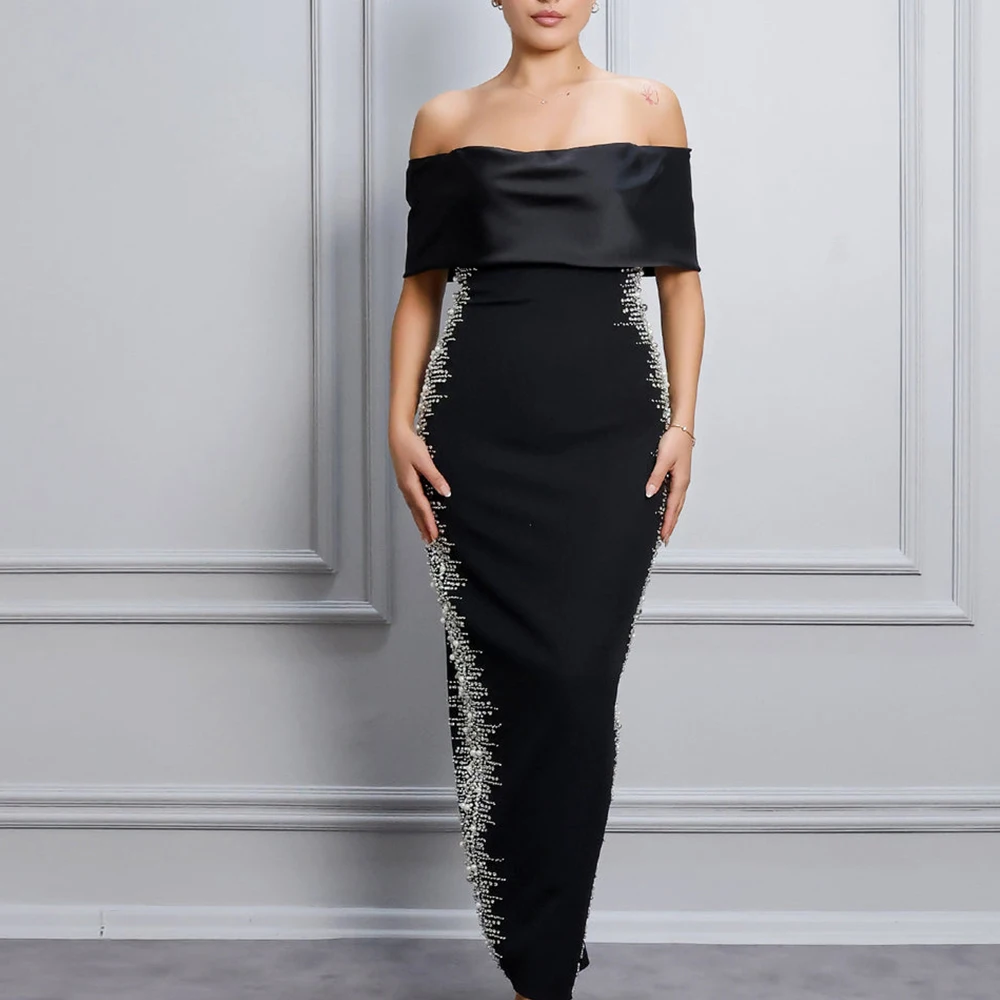 Elegant Party Evening Dresses Off the Shoulder Straight Saudi Arabia Long Beaded Evening Gowns Jersey Back Silt Boat Neck