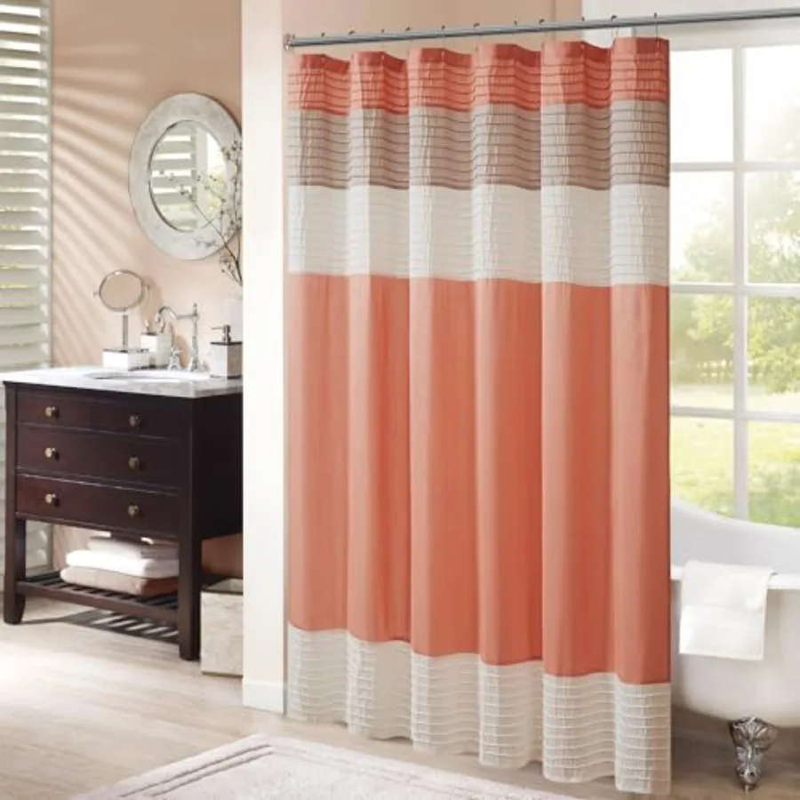 

Amherst Bathroom Shower Curtain Faux Silk Pieced Striped Modern Microfiber Bath Curtains, 72x84 Inches, Coral