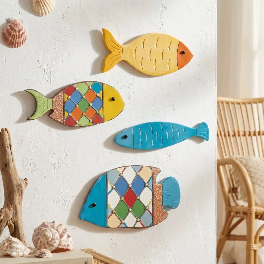 2D Fish Shaped Wood Fish Wall Decor Beach Theme Vintage Style Nautical Fish Art Sculpture School of Fish Rustic Retro