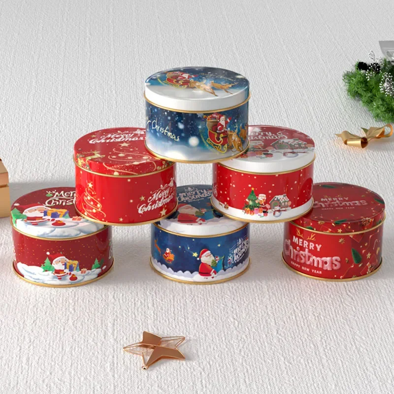 Christmas Tinplate Round Candy Tin Can Metal Candle Jars With Lid Candle Container Empty Box Cookie Candy Tea Storage Gifts Case