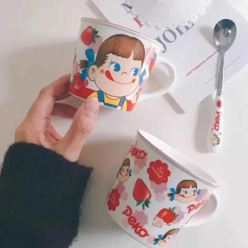 Taza lechosa japonesa encantadora de dibujos animados Fujiya Peko, Taza de cerámica para chica con leche, Taza de leche, Taza de cerámica para chica con fresa, Taza de jugo, Taza de agua