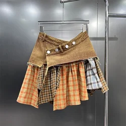 2024 Summer New Denim Skirt Solid A-line High Waist For Women Asymmetrical Patchwork Plaid Design Mini Skirts