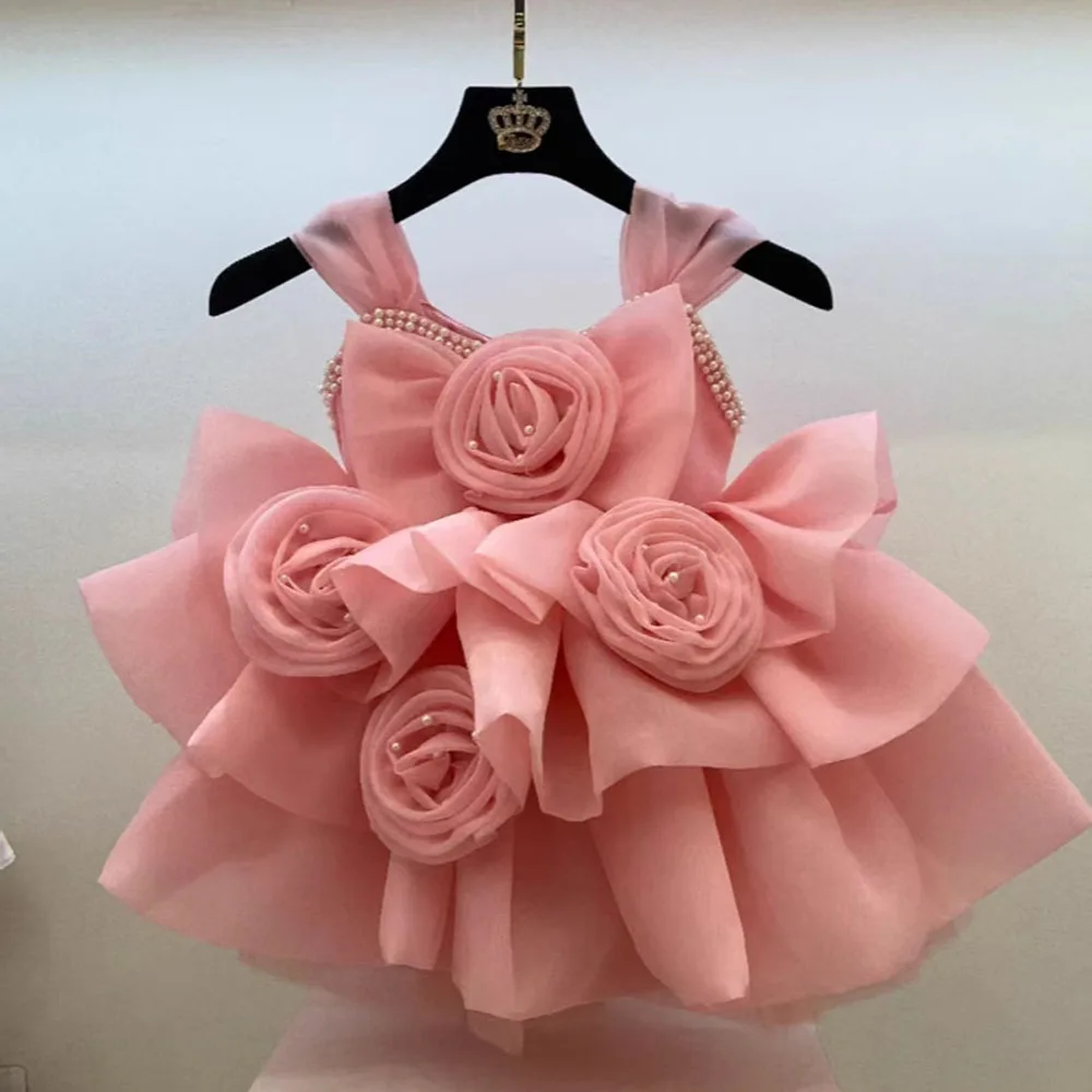 

Pink Princess Toddler Wedding Gown Gorgeous Girls Birthday Dress Children's Day Costume with Rose Flowers Design Kids' Clothing