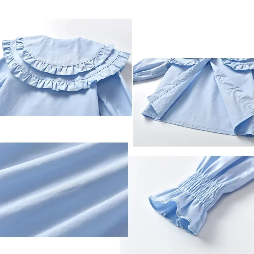 Baby Girls Blouses Kids White Blue Shirts 2024 Spring Autumn Doll Collar Tops 1 To 6Yrs Children\'s Korean Style Clothing