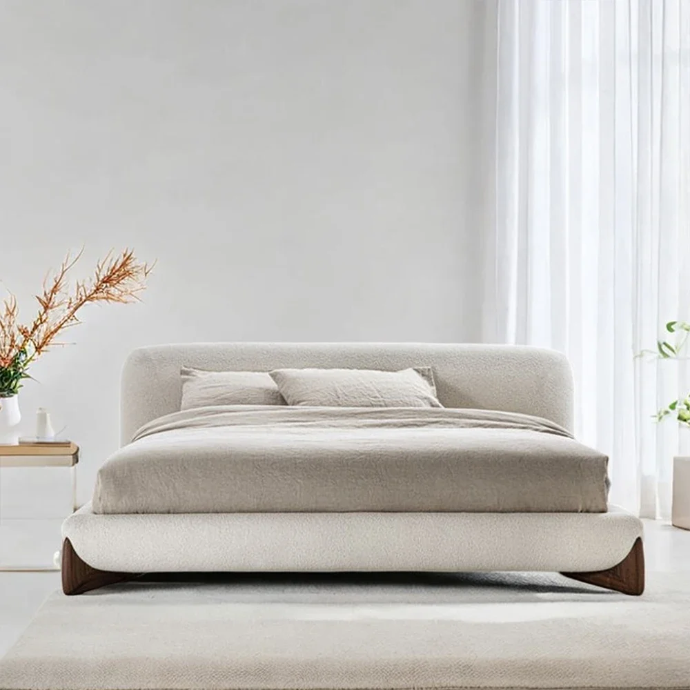 Modern Walnut Solid Wood Bedroom Furniture Italian White Fabric Upholstered Softbay King Bed Set Modular Cooling Revolving Queen
