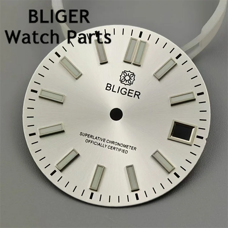 BLIGER-Mostrador do relógio branco com índice de ouro ou prata, C3 luminoso verde, Fit NH35 NH36 Movimento, 3.0 Relógio Coroa, 3.8, 29mm