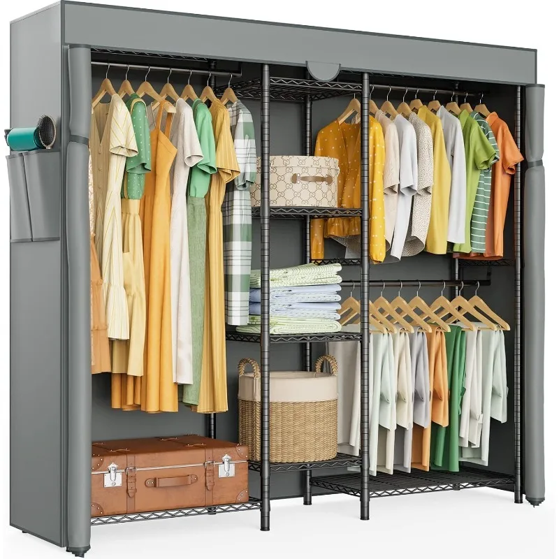 

Heavy Duty Wire Garment Rack with Gray Oxford Fabric Cover - Adjustable Compact Closet Storage