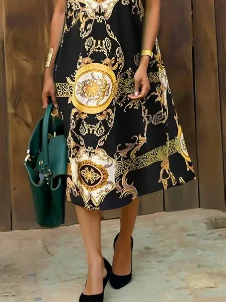 Modigirl 2025 エレガントなプリントドレス女性のためのラウンドネックノースリーブコントラストカラーポケットヴィンテージ A ラインサマードレス女性のための