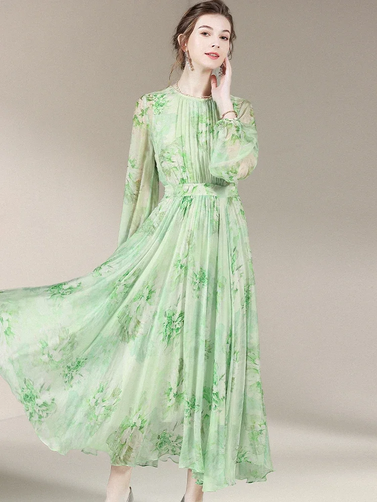

100% Real Silk Dress 2024 Spring High-end Green Floral Dress Women Clothing Long Sleeve Maxi Dresses For Women Vestido Zm3322