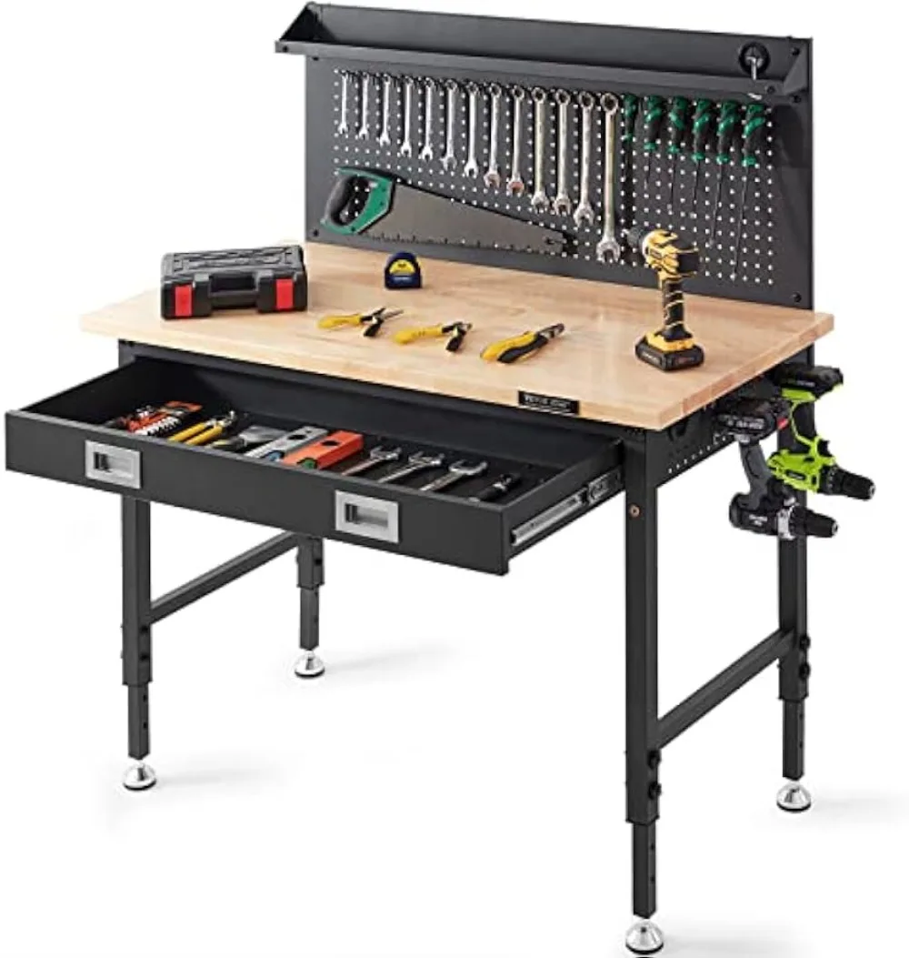 

Workbench Adjustable Height 28-39.5" Work Bench for Garage Oak Plank & Carbon Steel Heavy Duty Workbench 2000lbs Weight