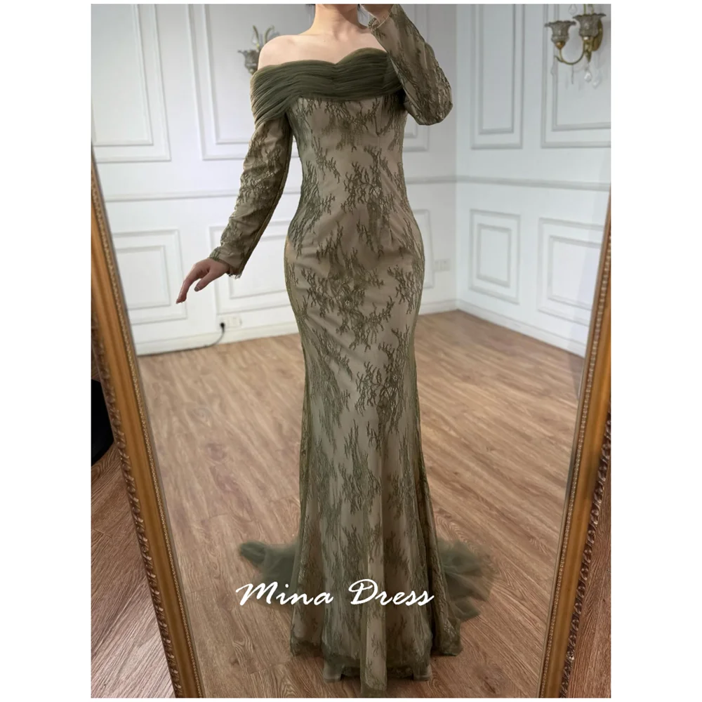 

Mina Customized One-shoulder Prom Dresses Luxury Party Dress Backless Lace Dresses for Special Occasions Embroidery Long Sleeves