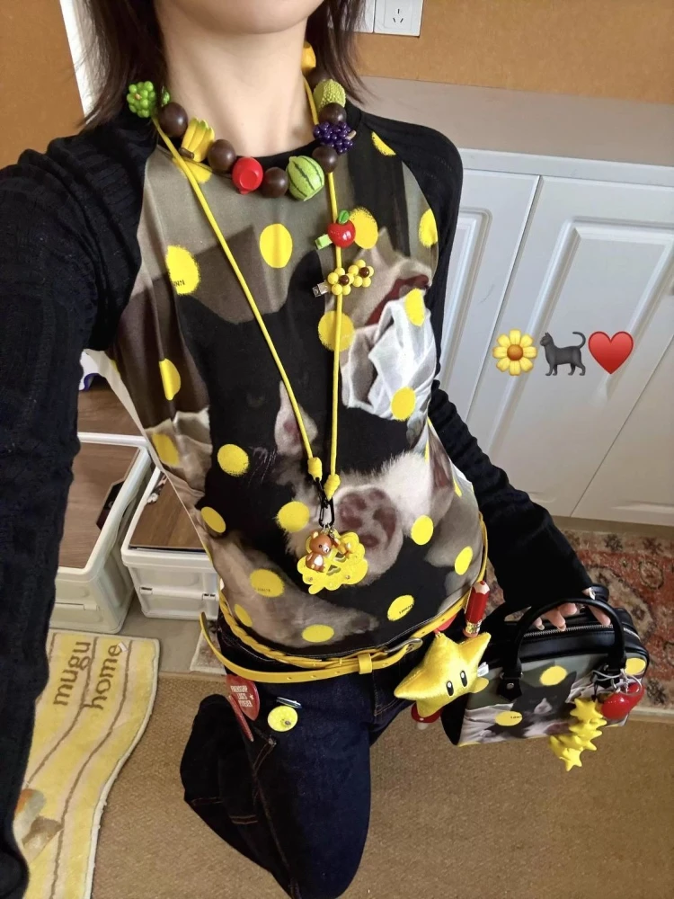 HOUZHOU Y2k Vintage T-shirt Women Harajuku Japanese Style Kawaii Print T Shirts Juminocore Female Long Sleeve Tees Streetwear