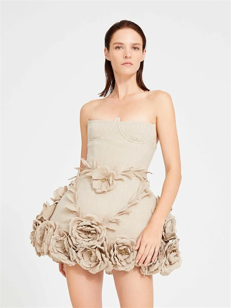 Beige Evening Dress Sexy Strapless Sleeveless Short Mini Party Robe 3D Flower Formal Birthday Red Carpet Puffy Prom Gown