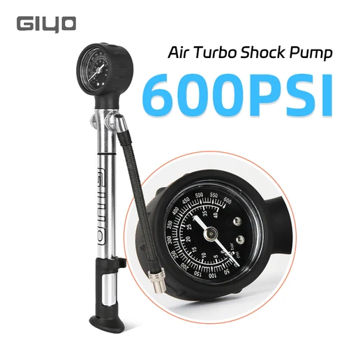 Giyo-bomba de choque Turbo de aire de alta presión, 600PSI, horquilla de aleación de aluminio, bomba de suspensión trasera sin esfuerzo con manómetro y tubo de malla tejida