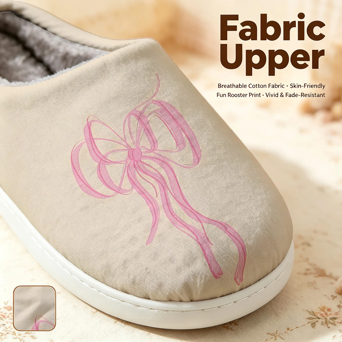 Pink Ribbon Twist Christmas White Slippers Warm Plush Indoor Shoes Non-Slip Winter Slippers Family Holiday Gifts Soft view 2
