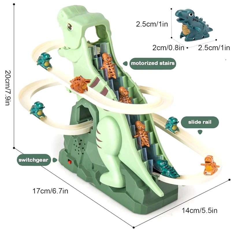 Toddler Dinosaur Climbing Slide Stairs Toy Race Track Game Set Electric Adventure Slide Roller Coaster With Light Music Kid Gift