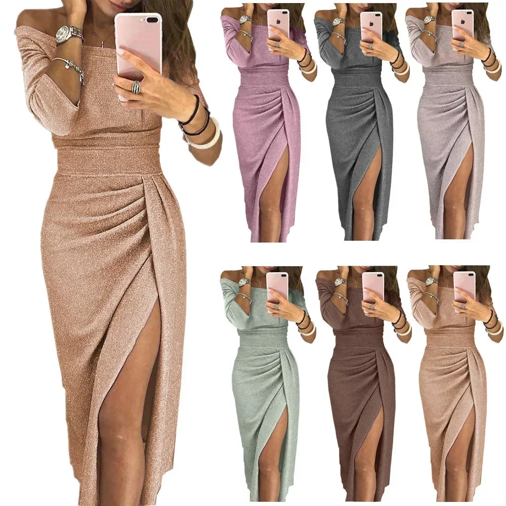 2024 Women\'s Off Shoulder Long Sleeve Bodycon Evening Party Long Dress Asymmetrical Split Pencil Dresses S M L XL XXL