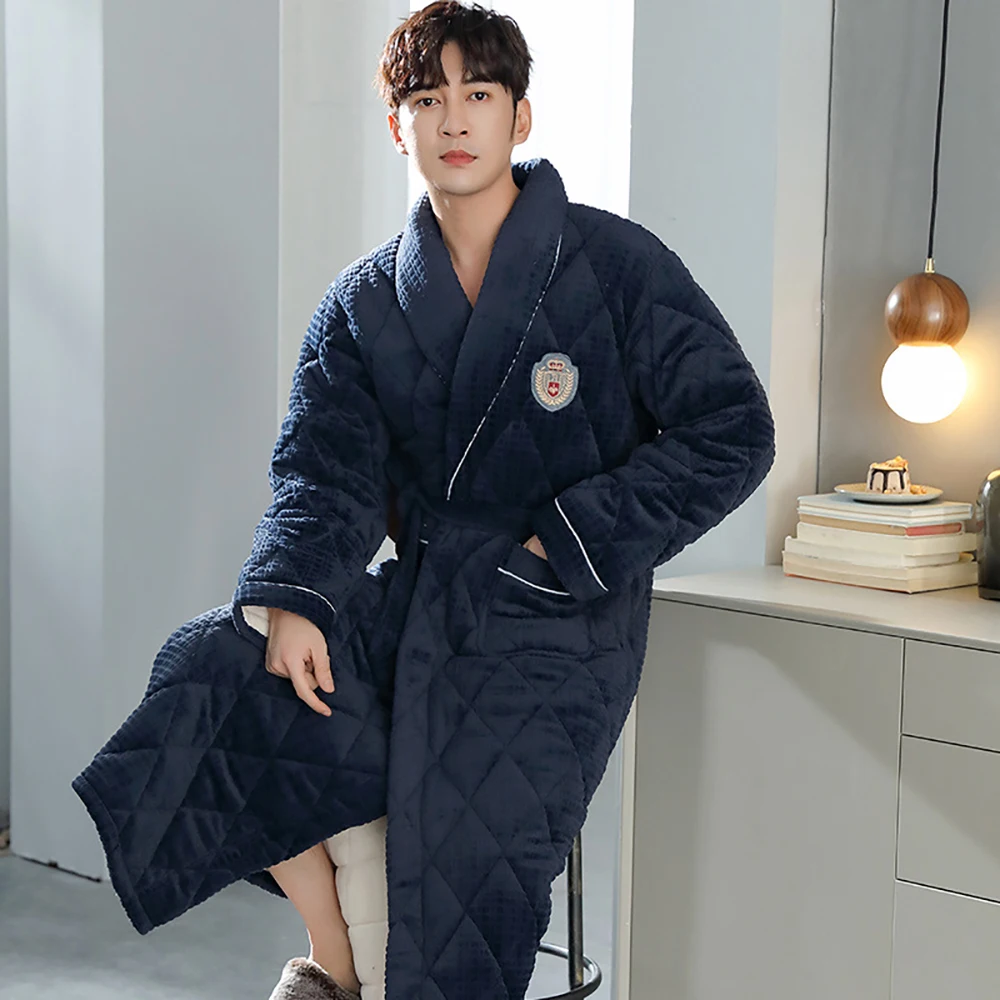 Winter Flannel Warm Men's Terry Robe 3-layer Super Thick Kimono Plush Robes Casual Comfortable Bathrobe Long Shower Robe for Men