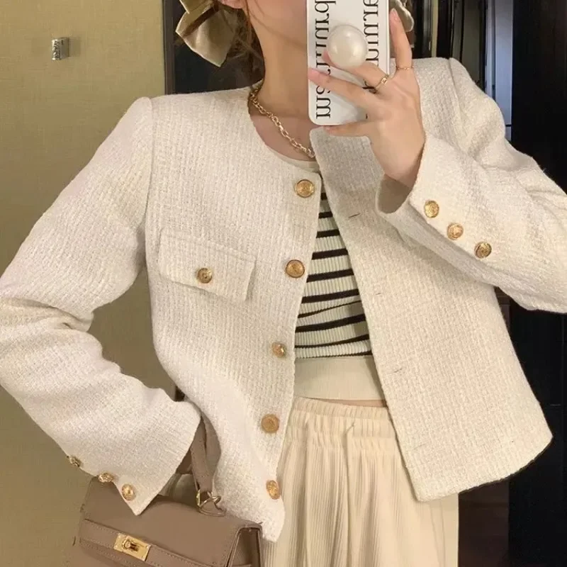 2022 Tweed donna nero Vintage Office Lady Blazer monopetto donna Casual Slim Blazer corto cappotti giacca di Tweed top neri