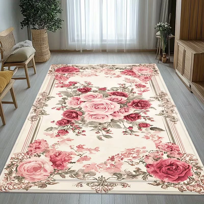 Tapis réaliste à fleurs roses antidérapant pour cuisine, salon, entrée, chambre, bureau, tapis de sol doux, décoration de la maison, cadeau