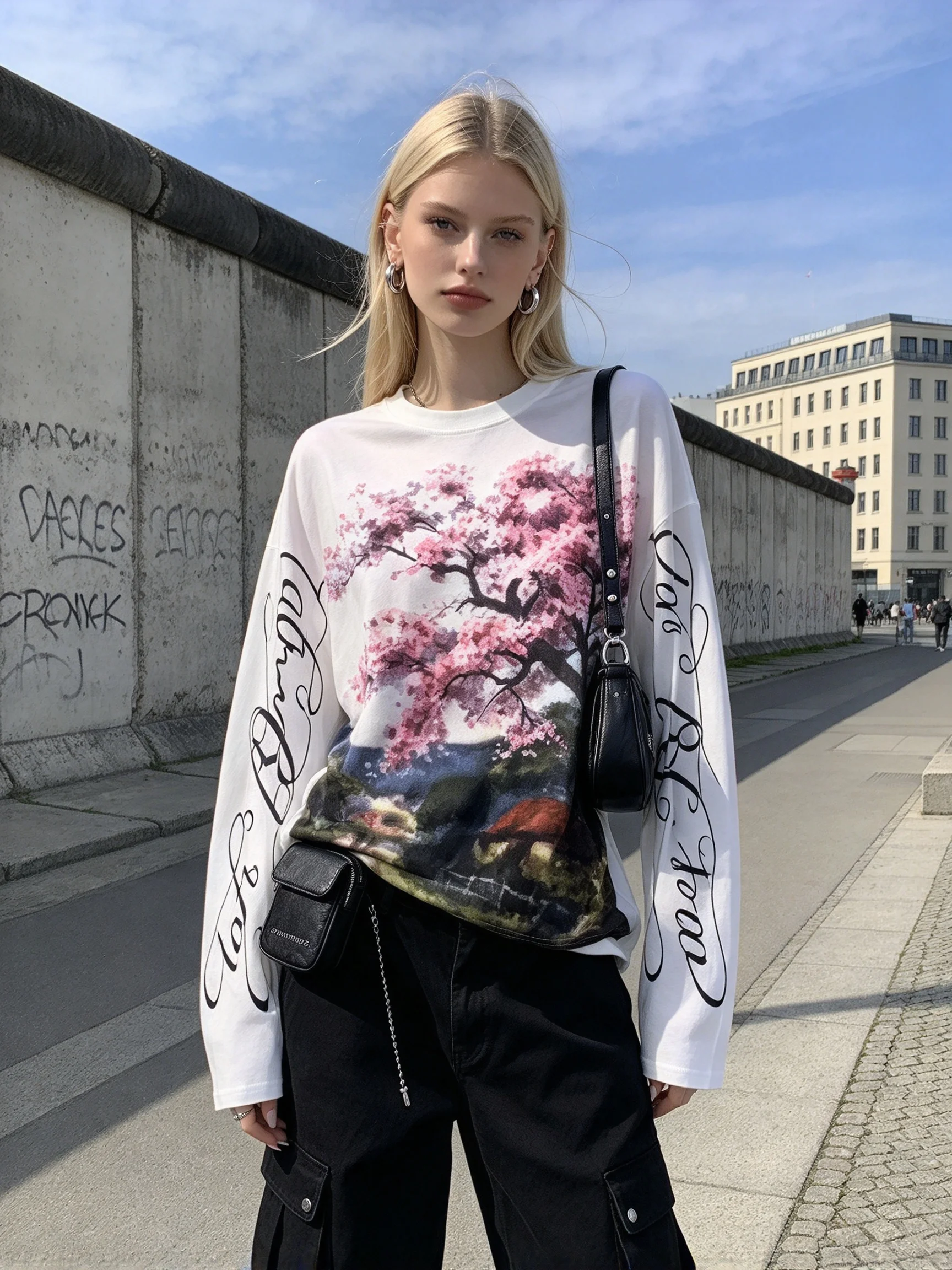 Cherry Blossom Print Long Sleeve Shirt Subtle Artistic Sense Floral Body Letter Print round Neck Top for Casual Wear