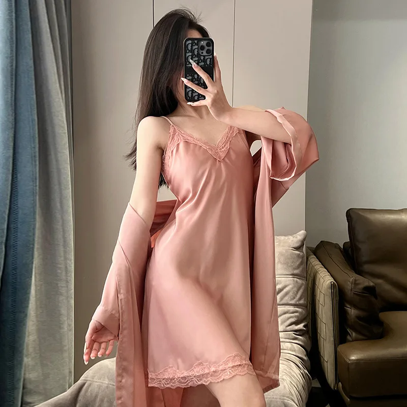 Summer Female Lace Nighty Robe Set Women Bathrobe Gown Nightgown Suit Lingerie Satin Kimono Sleepwear Home Dress Loungewear