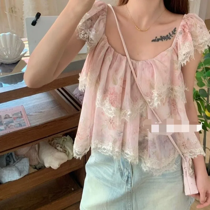 Women's 2026 Summer French Sweet Palette Print Lace Flutter Sleeve Square Neck Backless Blouse Y2K Korean Chic Hot Girl Coquette