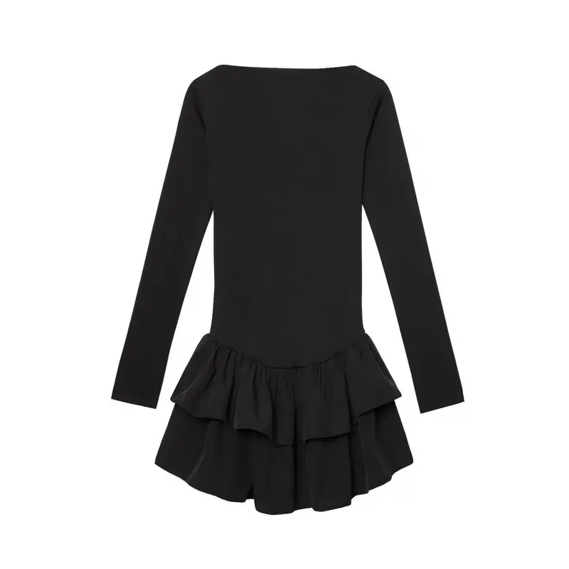 Moda Fena Primavera 2025 Vestido Curto de Manga Longa com Decote Redondo Decoração em Camadas Versátil Nova Chegada Estil...