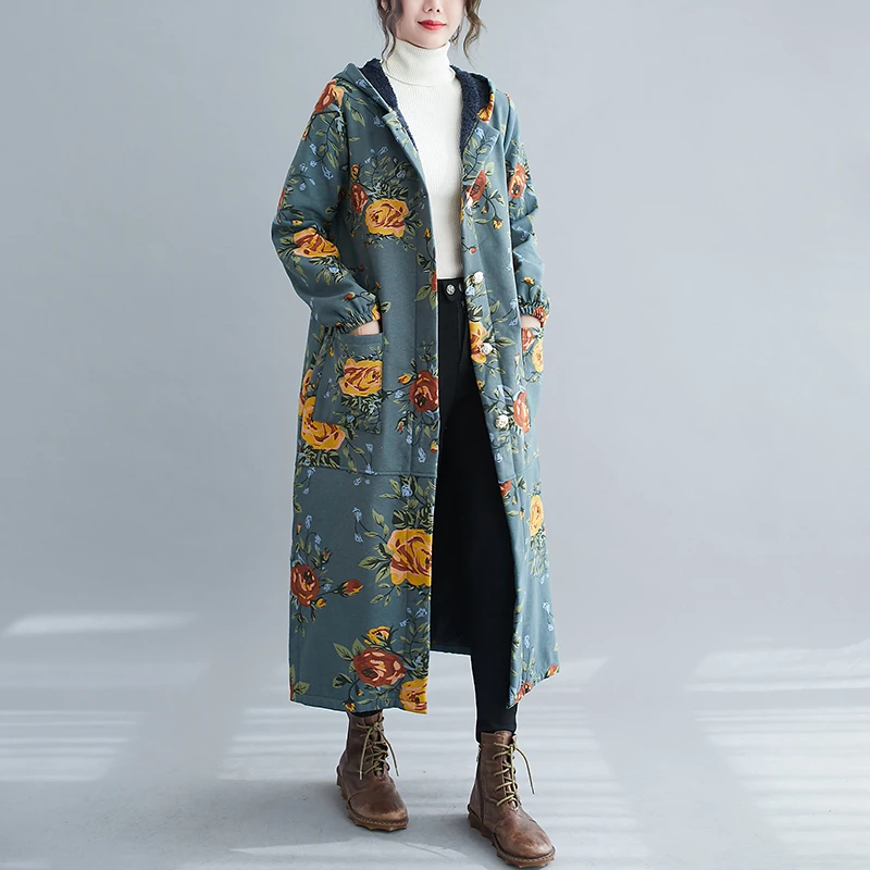 Trench-Coat épais pour femme, manteau à capuche, poches à simple boutonnage, imprimé à la mode, Vintage, Long, vêtements d'extérieur, collection automne hiver 2022