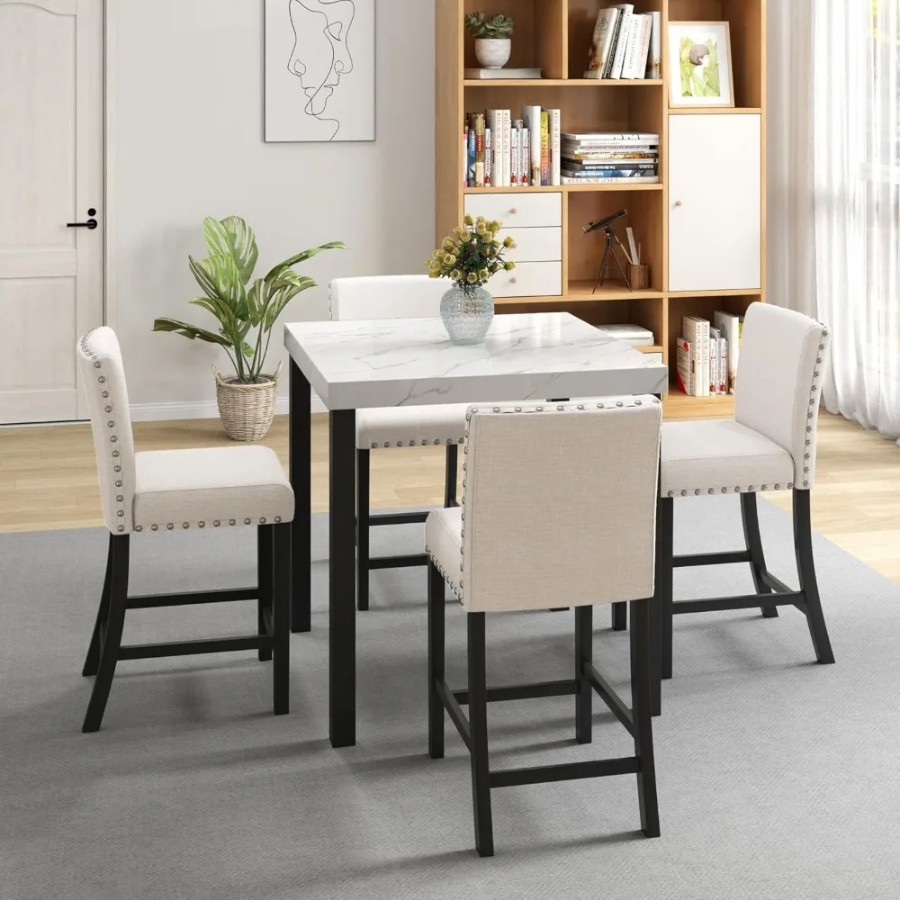 Juego de comedor cuadrado con mesa de mármol de imitación, mesa de comedor de cocina de madera maciza de 35 "W, 4 sillas, ahorro de espacio, 5 piezas