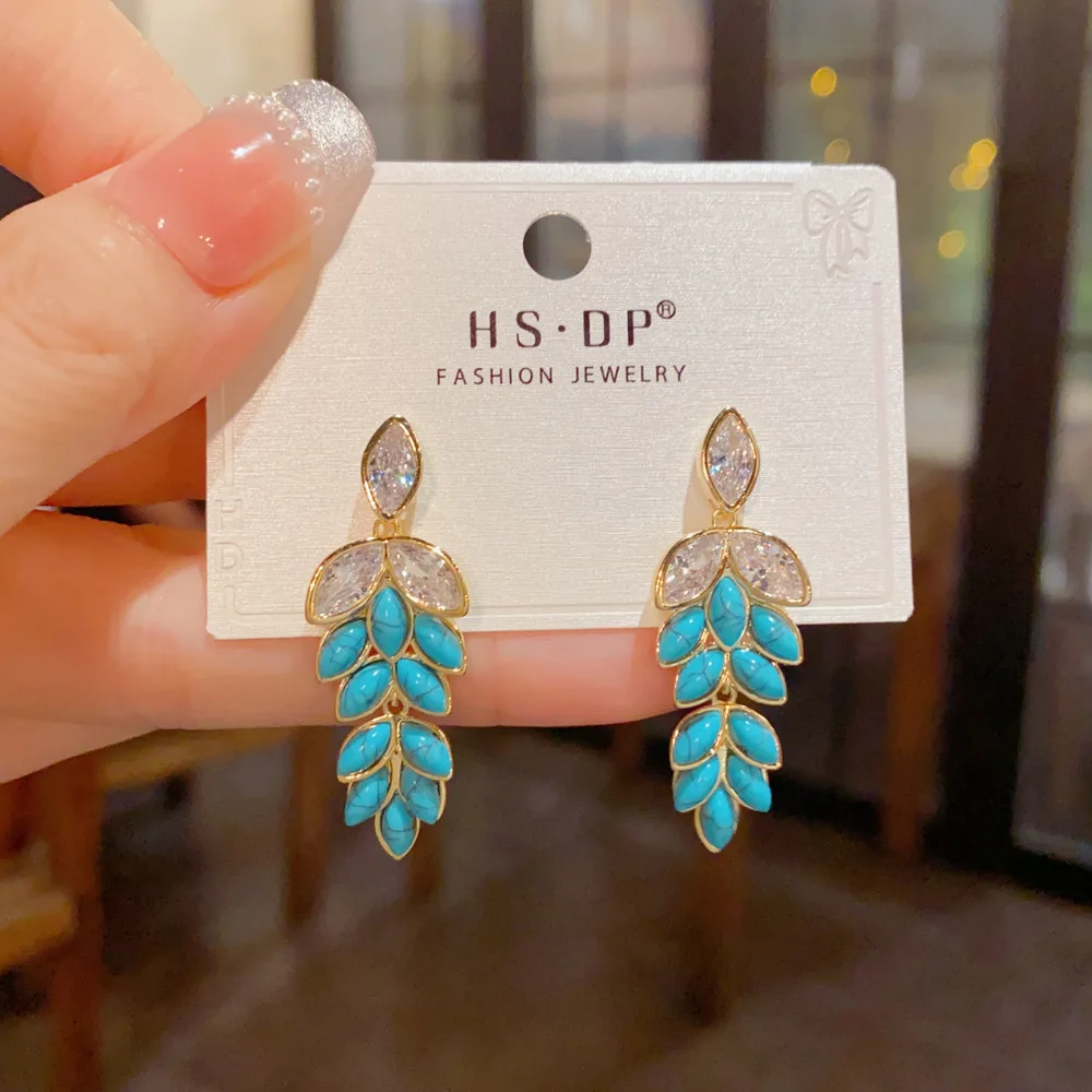 Vibrant Turquoise Leaf Cluster Cascade Earrings Sparkling Marquise Cut Zircon Top Drop Jewelry Bohemian Summer Beach Party Accen