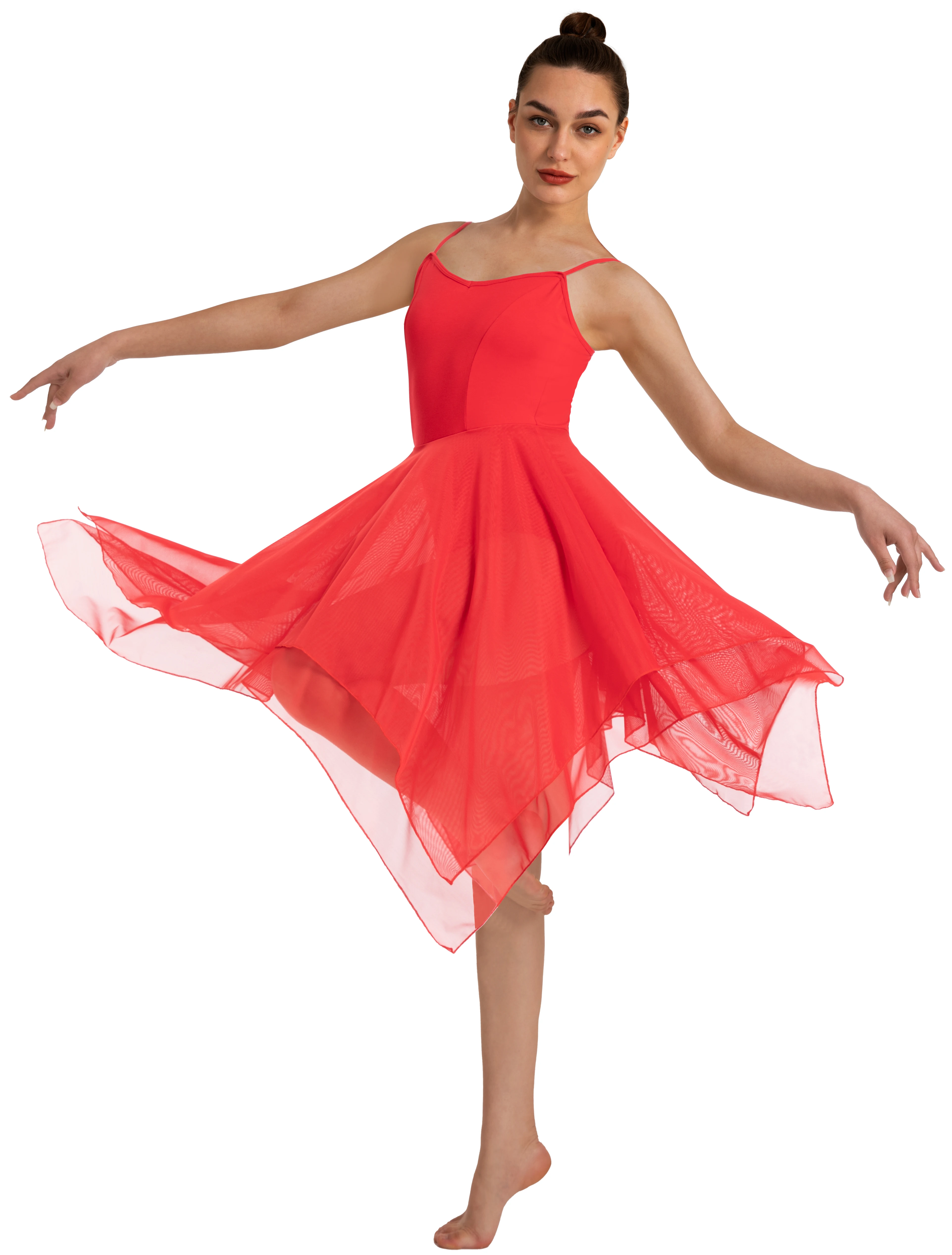 Women Modern Lyrical Dress Camisole Dance Costume Ballet Asymmetric High-Low Mesh Skirted Sleeveless Leotard Gymnastic Dancewear