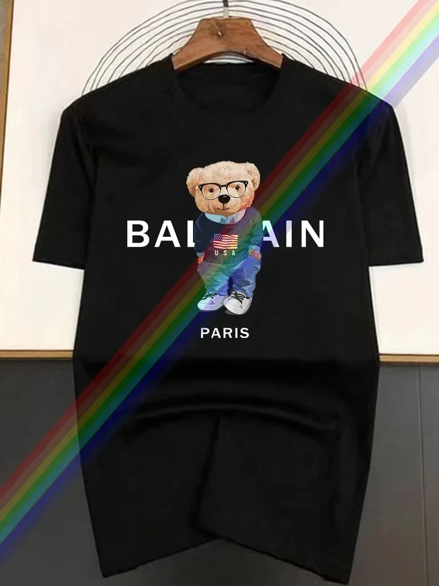 

2026 Роскошная футболка на весну и лето США, уличная одежда с медведем и камелией, повседневные хлопковые роскошные футболки с круглым вырезом, топы, футболки