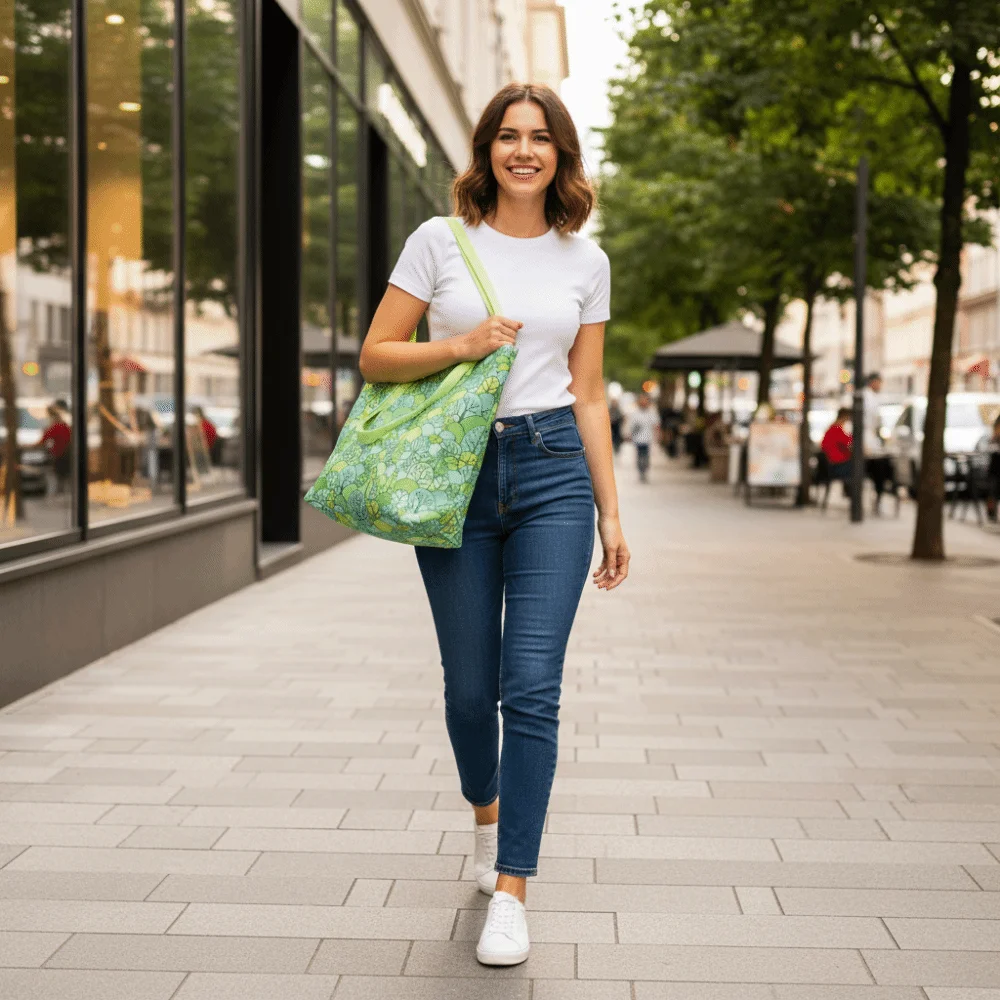 Fan Shaped Floral Fragments Canvas Bag Wide Handles Large Capacity Shoulder Bag Lightweight Reusable Lunch Bag Daily Commuting