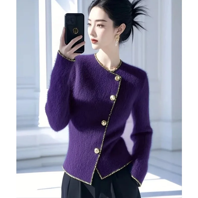 Women Clothing French Elegant Vintage Purple Sweaters Office Lady Fashion Commute Knitted Cardigan Spring Autumn New Knitwear