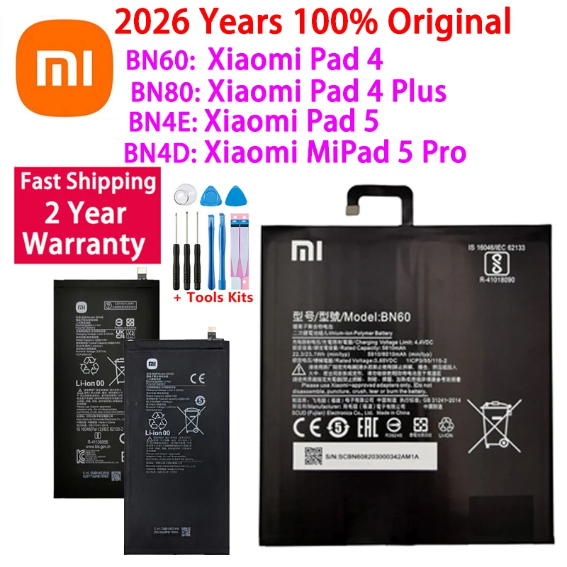 2026 Years 100% Original BN4D BN4E BN60 BN80 Rechargeable Battery For Xiaomi Mi Tablet Pad Mipad 4 5 Plus Pro Bateria Batteries