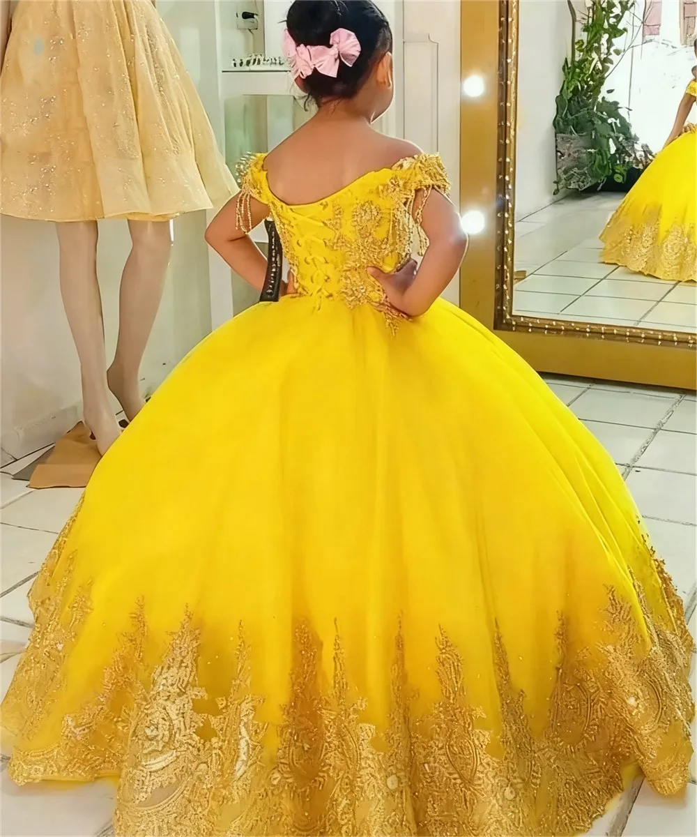 

Customized Flower Girl Wedding Dress Appliques Lace Off Shoulder V Neck Princess Birthday Party Prom Dress First Communion Gown