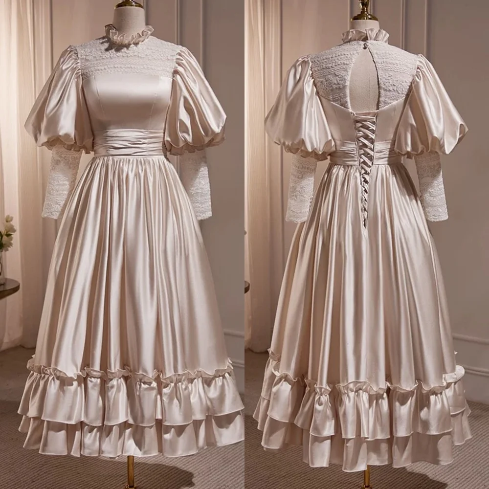 

Customized Delicate Champagne Satin Evening Dress Elegant High Neckline Puff Sleeves Long Sleeves Lace Up Back Cocktail Dress