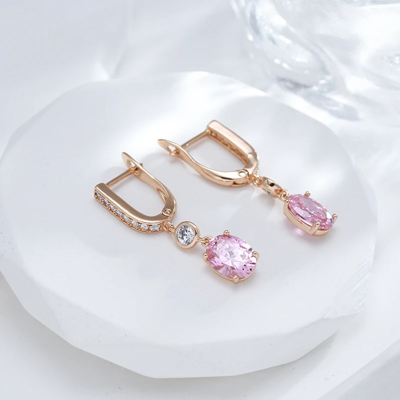 SYOUJYO Natural Pink Zircon Dangle Earrings For Women Luxury Bride Wedding Jewelry 585 Rose Gold Color Long English Earring