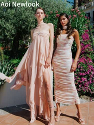 Aoi Spend Holidays Long Dresses Halter Irregular Fairy Women Sleeveless Mesh Dress Sexy Summer Female Beach Party Club Outfits