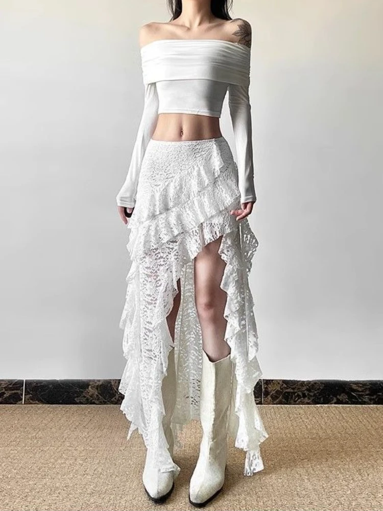 Gonne torta da donna sottili in pizzo sexy gotico estivo Y2k American Vintage Evening Party Abbigliamento Gonne sottocultura in colore puro anni 2000