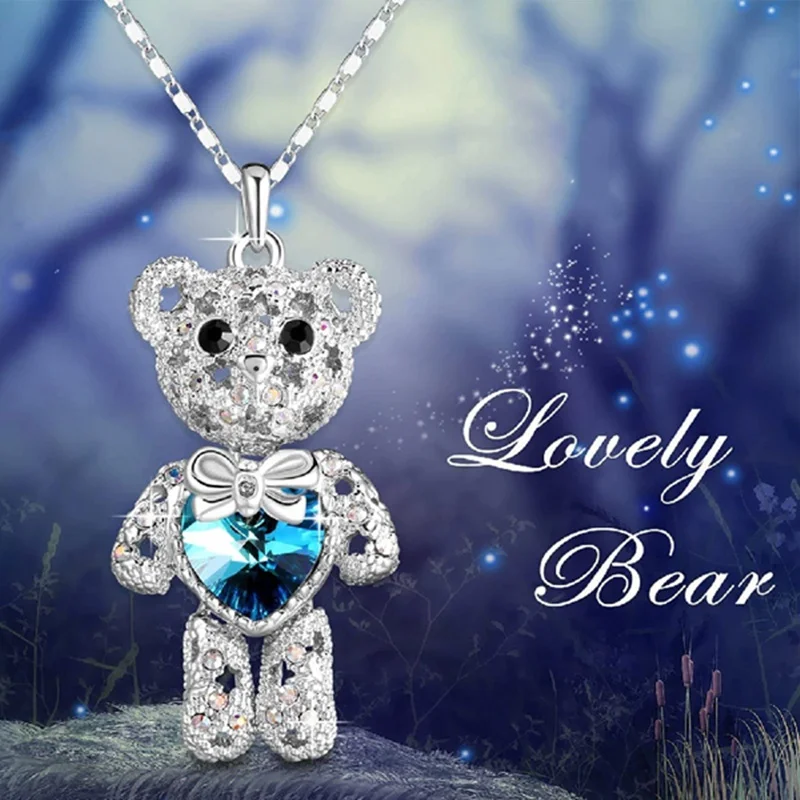 Fashion Heart Crystal Zircon Bear Necklace Animal Jewelry Lovely Bear Pendant Necklaces for Women Birthday Paty Anniversary Gift