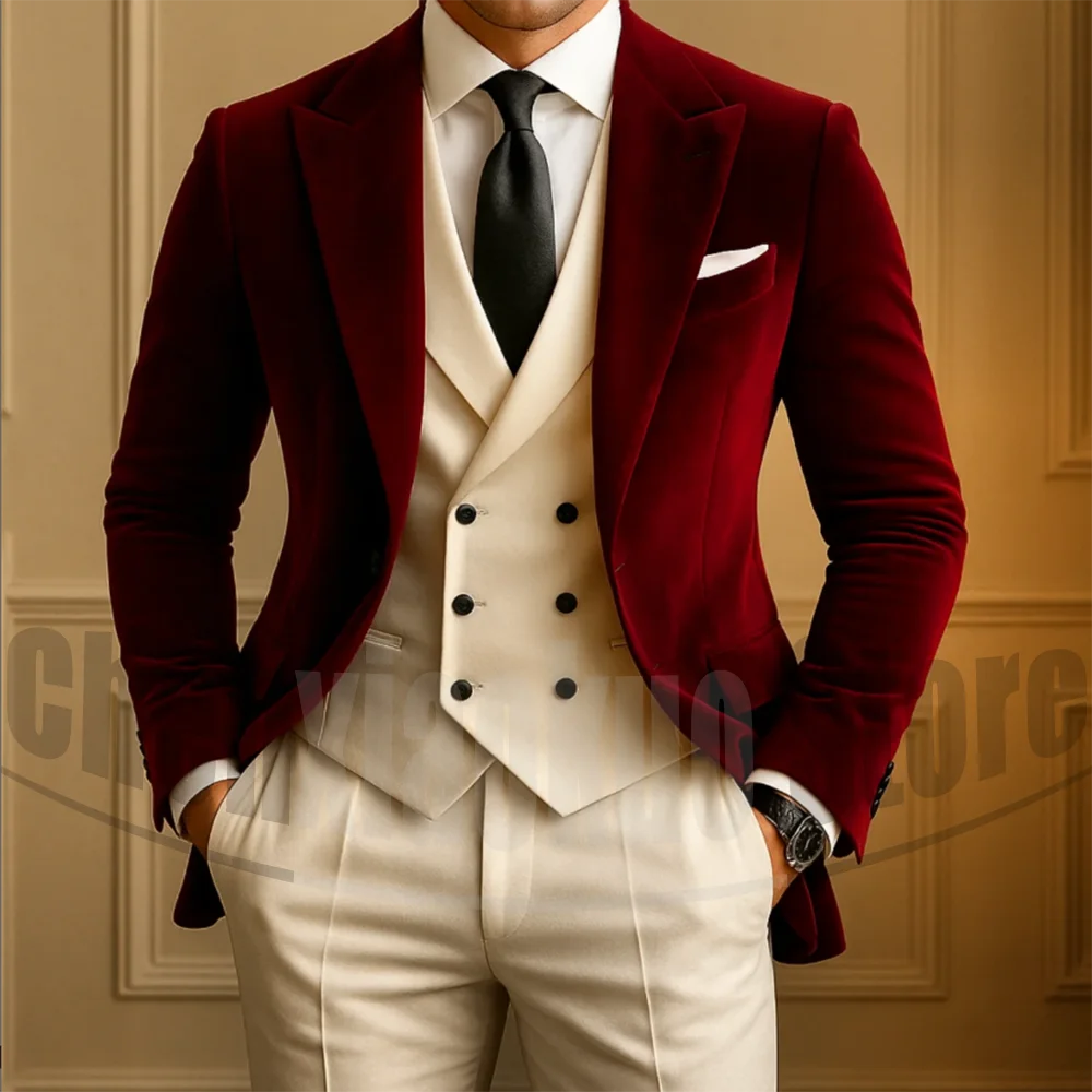 

Men's Peak Lapel Suit 3 Piece Fashion Velvet Single Breasted Wear Party Wedding Groom Tuxedo Male Suit (Blazer+Vest+Pants)