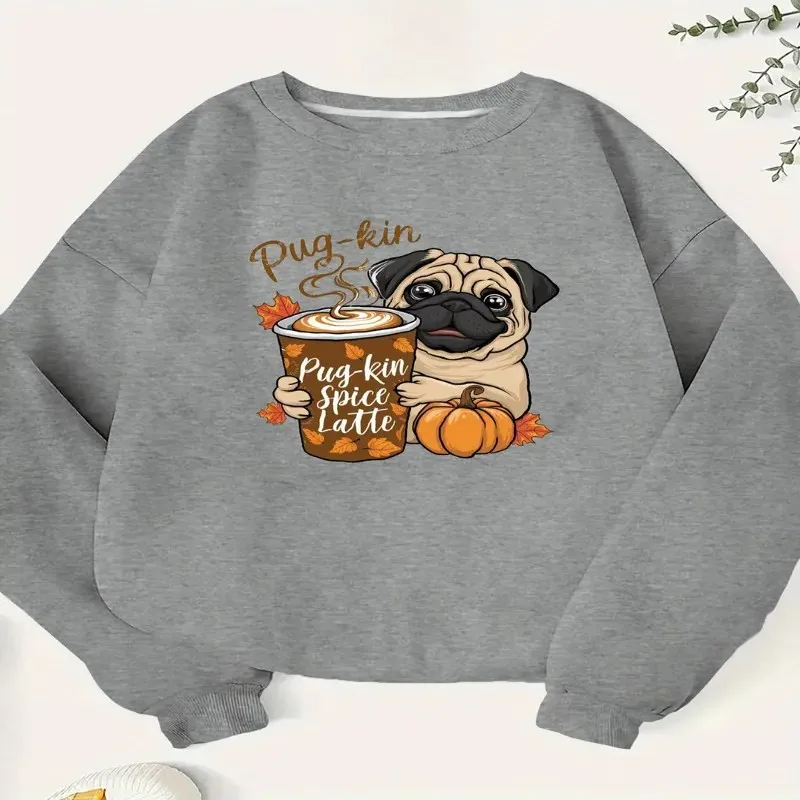 

Осенне-зимняя одежда, женский свитшот больших размеров, женский оверсайз, Spumpkin Pug Kin Spice Latte, уличный стиль, топ из чистой хлопчатобумажной ткани