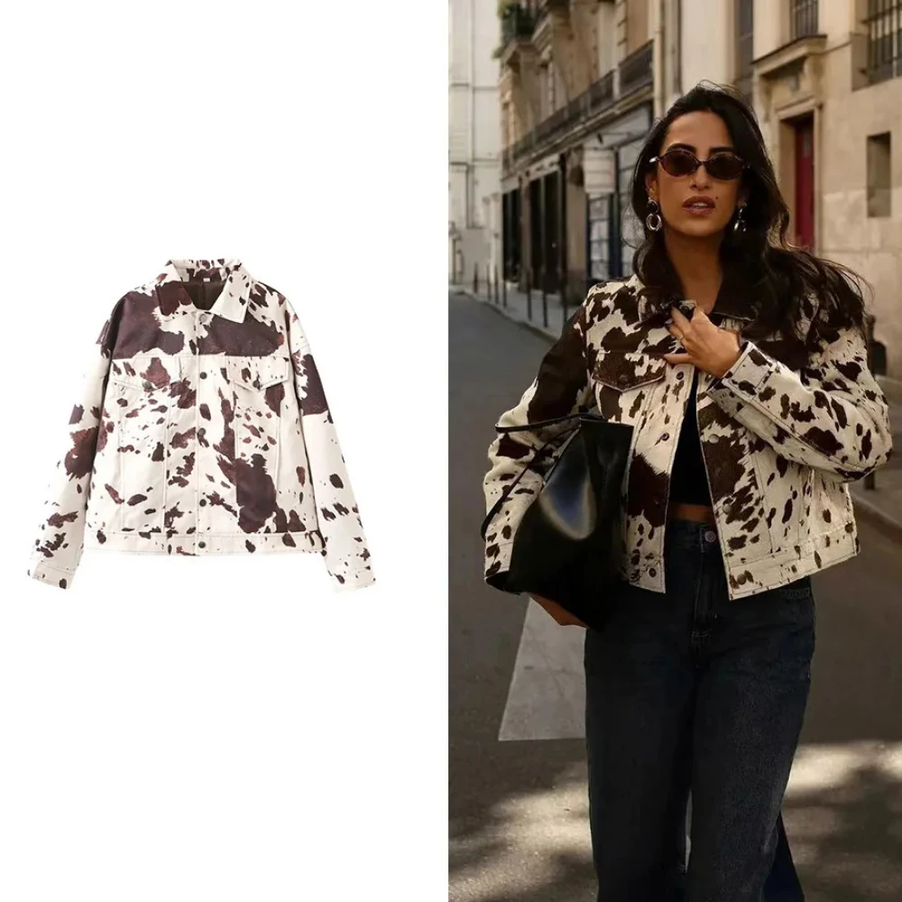 

ZBZA Women's Spotted Printed Cropped Jacket Coat Retro Lapel Single-breasted Casual High Street Outerwear Fall Winter New Jacket