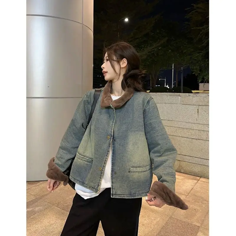 

Denim Coats For Woman Lapel Long Pink Sleeve Jackets Female Fur Plush Womens Winter Knitted Baggy Hip-Pop Daily Commuting Jacket