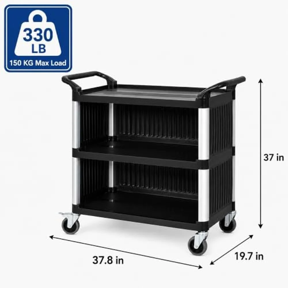 3 Tier Utility Cart with Wheels 330 lb Capacity Heavy Duty Plastic Service Cart Large Rolling Storage Cart with 2