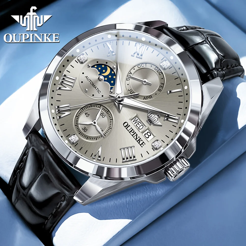OUPINKE 3300 Automatic Men's Watch Original Leather Strap Classic Multifunctional Dial Mechanical Wristwatch for Men